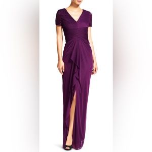 Adrianna Papell AP1E200061 V-Neck Short Sleeve Ribbed Ruffle Chiffon Dress-Sz.12